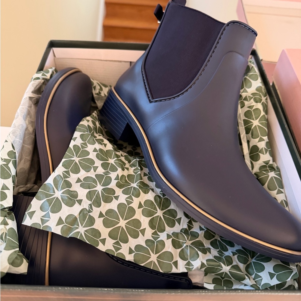 kate spade Blue  Chelsea Rain Ankle Boots with Gold Trim